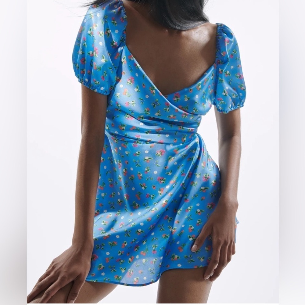 Zara silky satin blue fruit and floral minidress